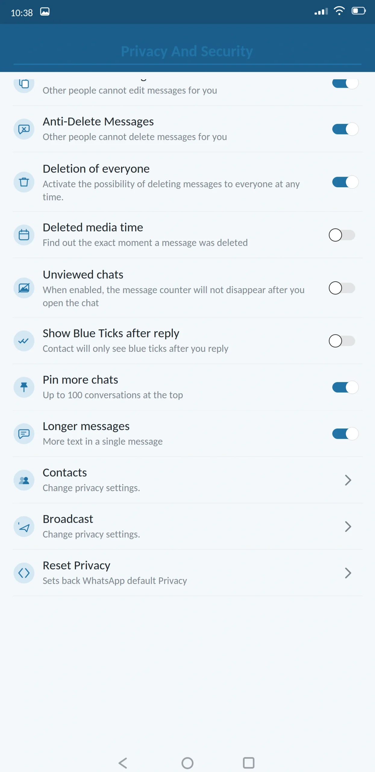 Blue WhatsApp Chats and Anti Delete